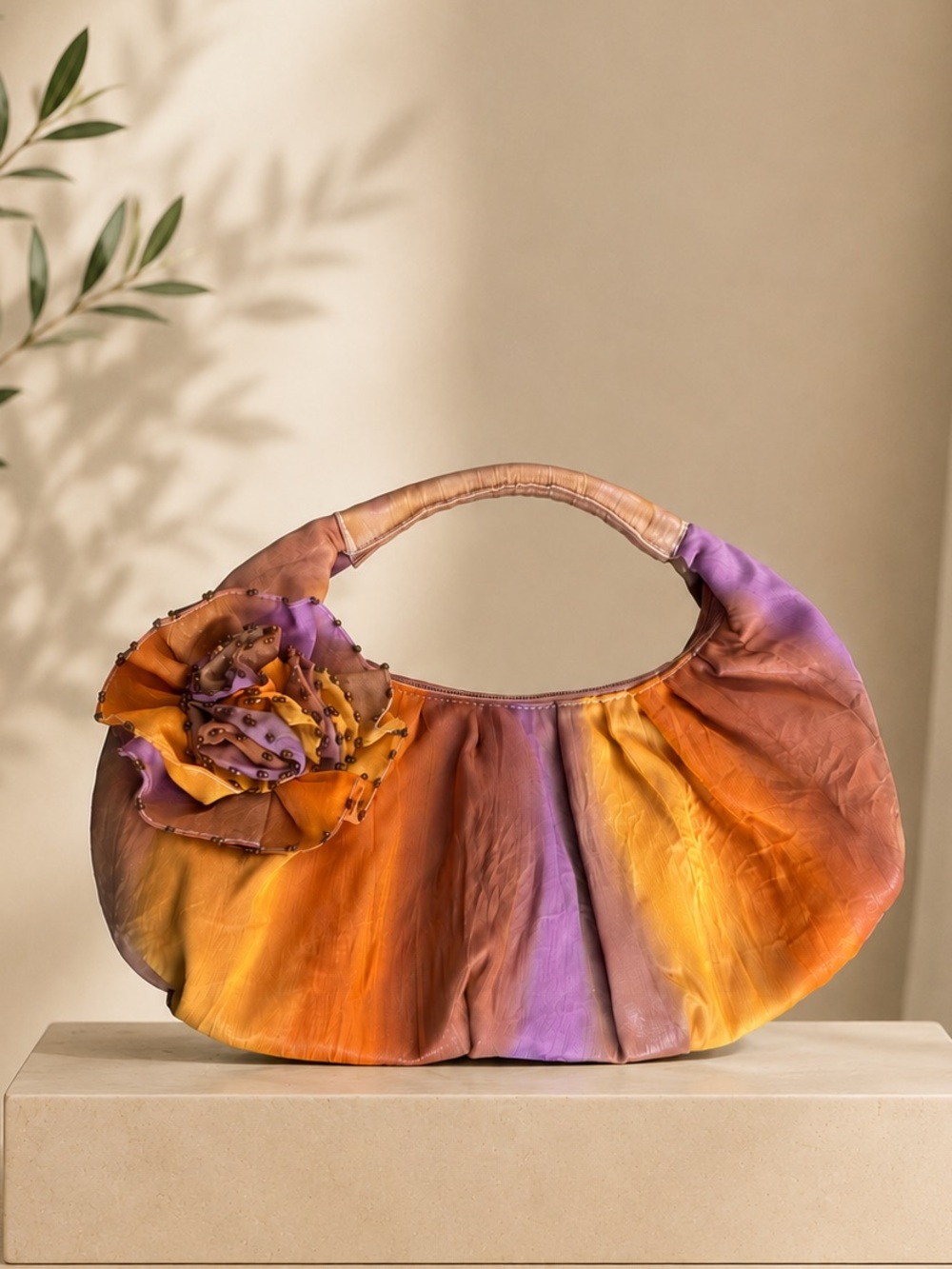 2000s Marlo Top Handle Handbag Beaded Flower Embellishment Purse Satin Lined